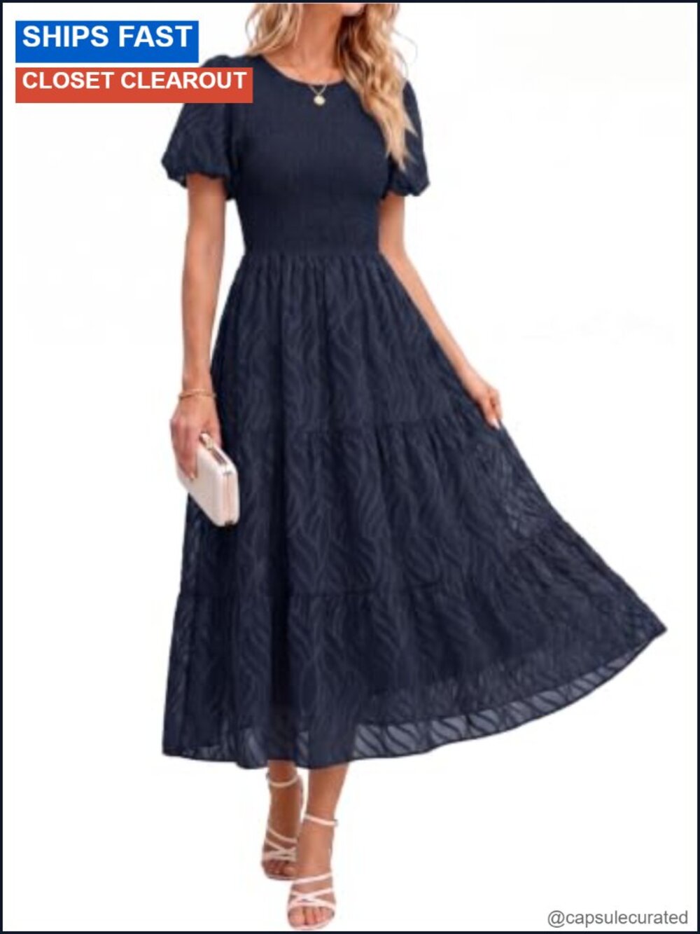 BerryGo Womens Chiffon Midi Dress Short Sleeve Smocked Crewneck A-Line Tiered